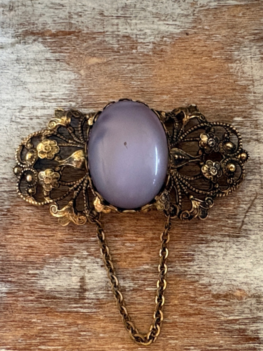 Vintage Antique-Style Filigree Brooch with Lavender Cabochon